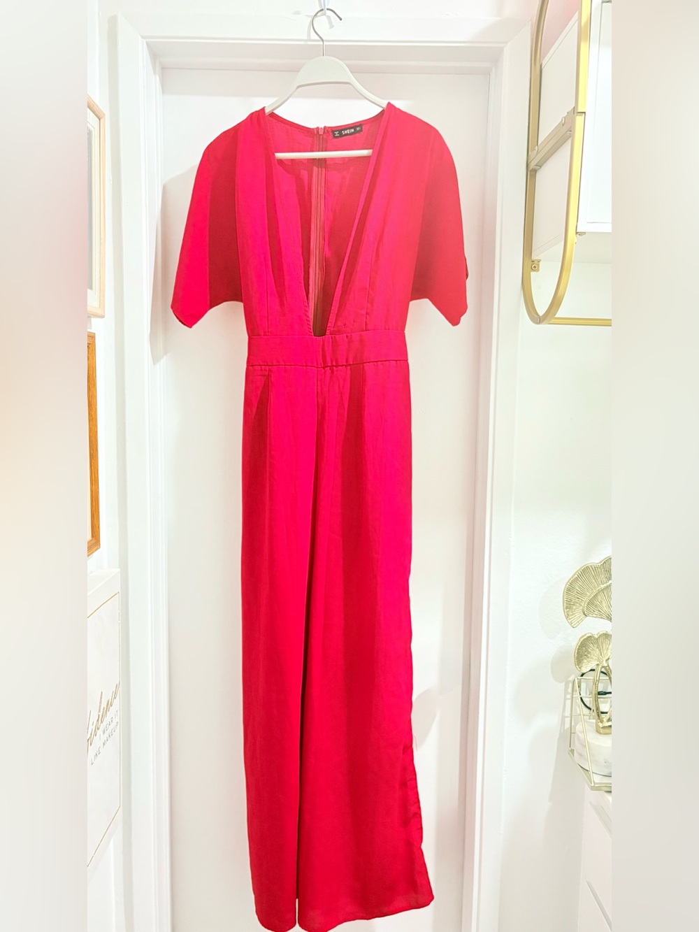 SHEIN Bright Red V-Neck Wide-Leg Jumpsuit